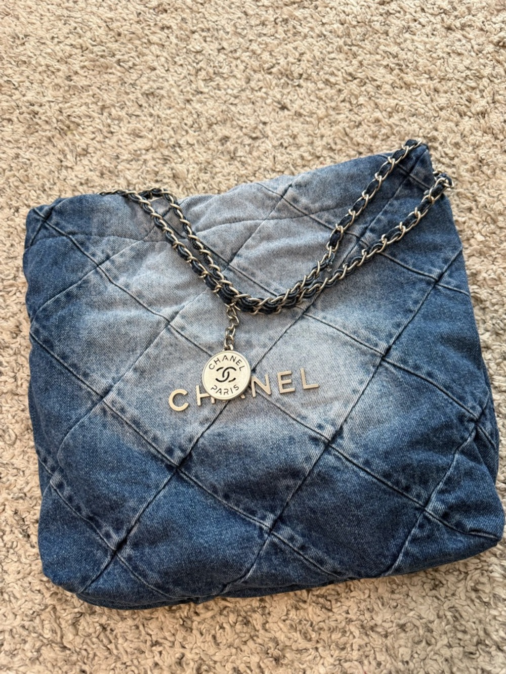 Washed Blue Quilted Denim Chain Tote with Logo Medallion